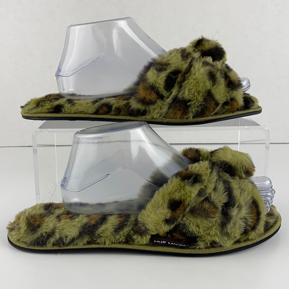 Size 10 Olive Green Faux Fur MUK LUKS Open Toe Scuff Slippers - Picture 5 of 9